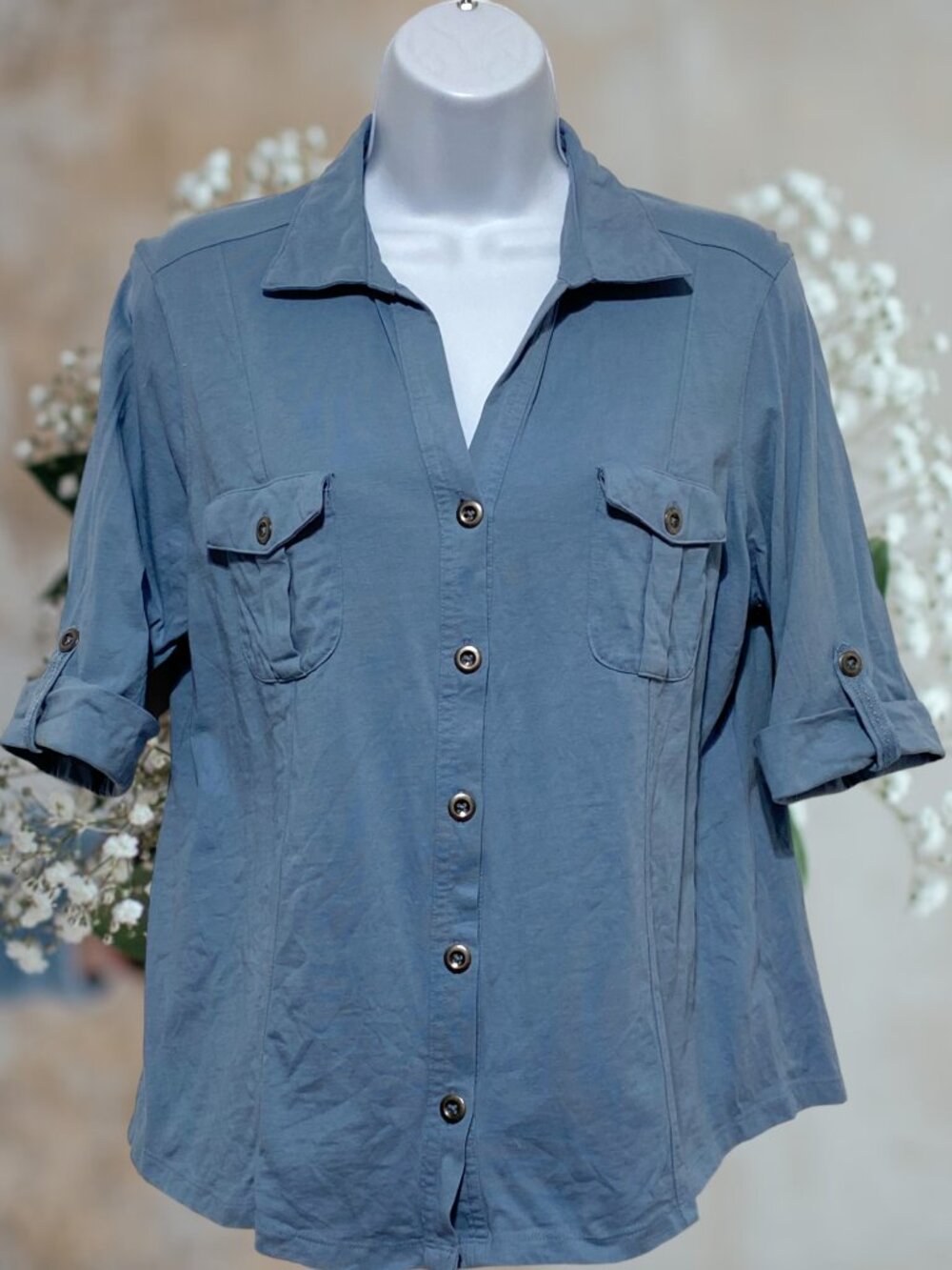Style & Co-Women's Petite Large Blue Button Top V-Neck Pockets Collared-Cotton